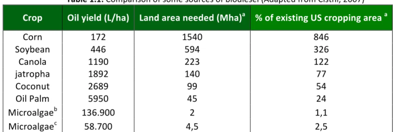 Table   1.1:   Comparison   of   some   sources   of   biodiesel   (Adapted   from   Cisthi,   2007)    Crop    Oil   yield   (L/ha)    Land   area   needed   (Mha) a     %   of   existing   US   cropping   area    a    