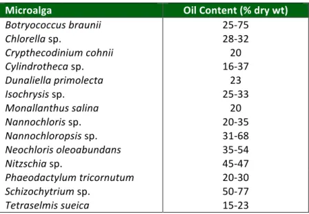 Table   2.1:   Oil   content   of   some   microalgae   (adapted   from   Chisti,   2007)   