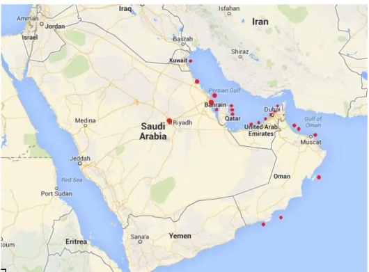 Figure 4.1 - Locations where algae, sediments, molluscs and fish were collected along the  countries of the GCC (adapted from www.maps.google.pt, search: Middle East) 
