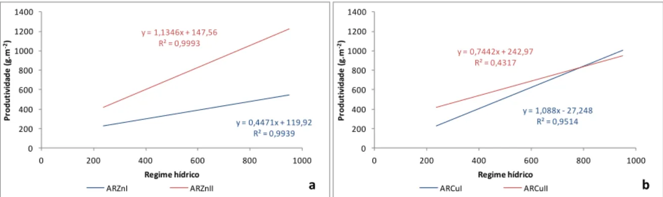 Figura 7.15. Produtividade dos rizomas nos diferentes regimes de irrigação com água residual contaminada  com zinco (a) e com cobre (b)