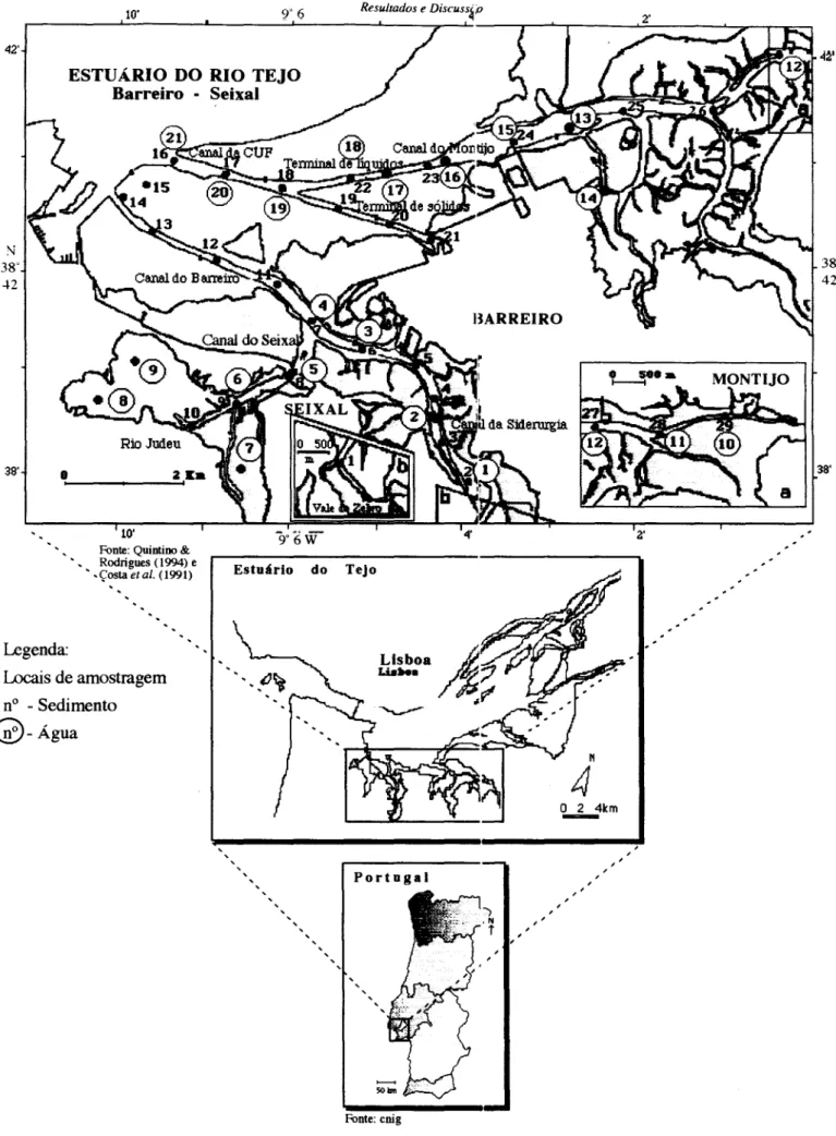 Fig.  5.22. Complexo Indusírial do Barreira-Seixal. ~ l i z a ç ã o   da área de estudo e locais de amostragern  (Elaborado com base em Quintino  &amp;  Rodrigues,  1994  e Costa et al.,  1991)