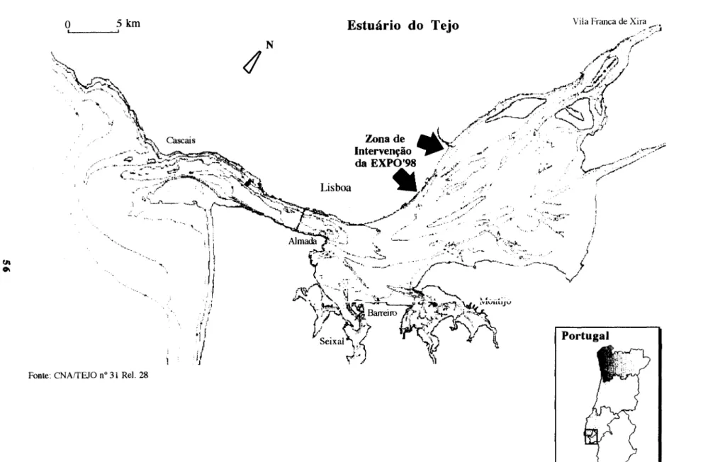 Fig.  5.1. Zona de Intervenção da EXP0'98  -  Estuário  do Tejo  Fonte:  cnig 