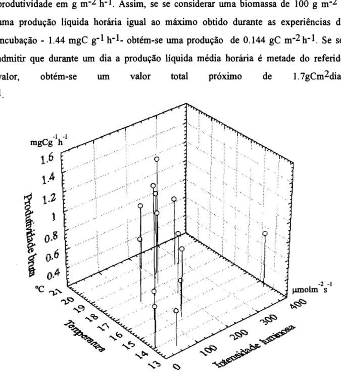 Fig. 6.13 - Produtividade bruta em função da intensidade luminosa e da temperatura.