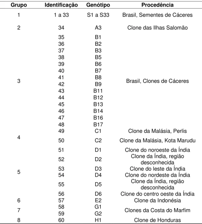 Tabela 1 - Oito grupos de genótipos de teca (Tectona grandis) utilizados para caracterização genética 