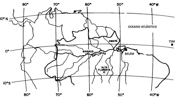 Figura 3 – Mapa da região de estudo mostrando a cidade de Belém – PA e a Bacia do  Rio Amazonas (Adaptado de Cohen et al., 1995)