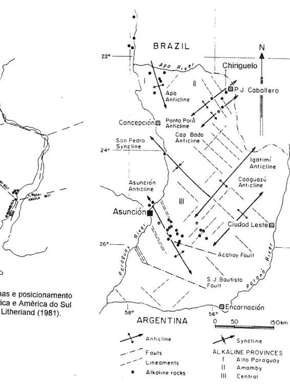Figura  4  - Megafafhas  e posicjonamento pré-cretáceo  da Áfricå  e  Amér¡ca  do  Sul segundo  Ftetcher &amp;  L¡thertând  (1981),