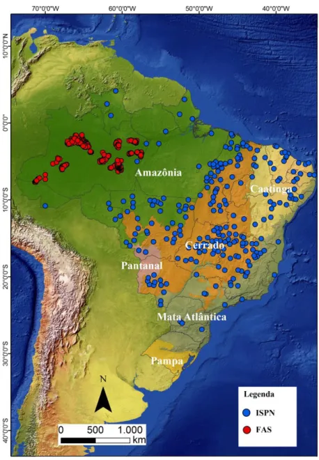 Figura 2: Mapa da inserção dos projetos do Instituto Sociedade, População e Natureza e Fundação Amazonas  Sustentável nos biomas brasileiros  