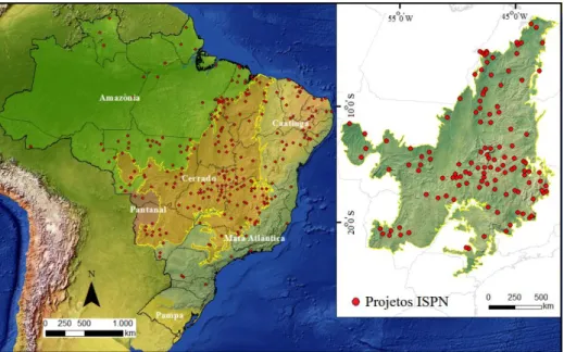 Figura 3: Mapa de projetos do Programa de Pequenos Projetos Ecossociais (Instituto Sociedade, População e  Natureza) no bioma Cerrado