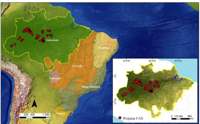 Figura 4: Mapa de atuação do Programa Bolsa Floresta (Fundação Amazonas Sustentável) no bioma Amazônia  Fonte: ISPN, Brasília-DF, 2016, com adaptações da autora e de Carlos Leandro Cordeiro