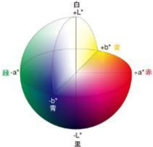 Figura 2-2 - Representação de um modelo de espaco colorimétrico CIELab, em que L* representa a  escala de cor entre o preto (0) e o branco (100), a* varia entre o verde (-) e o vermelho (+), e b* varia 