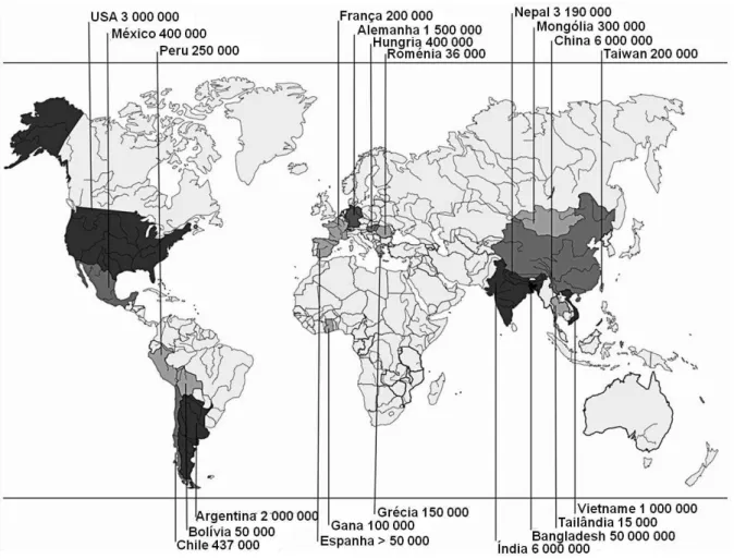 Figura 1.2 – Regiões do mundo mais afectadas pelo arsénio. O mapa mostra o número de pessoas expostas ao  consumo diário de água contaminada com arsénio em níveis superiores a 10 μg/L
