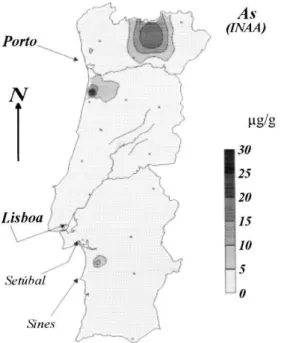 Figura  1.3  – Regiões  de  Portugal  afectadas  pela  contaminação  com  arsénio.  A  disponibilidade  de  arsénio  foi  inferida através da monitorização do  arsénio presente nos líquenes Parmelia sulcata