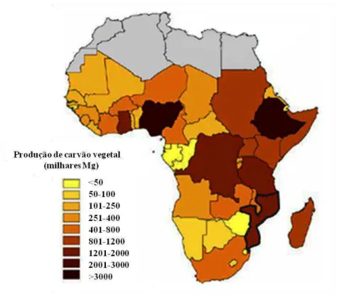 Fig. 1.4:    Produção anual de carvão vegetal em África, 2010                                                    Fonte: Adaptado de Belward (2011) 