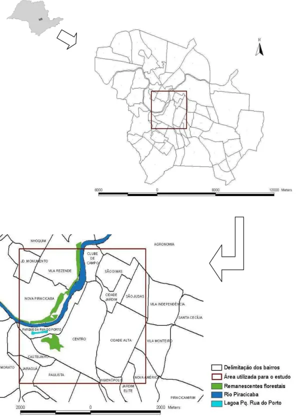 Figura 1 - Localização do município de Piracicaba/SP no estado de São Paulo e em destaque a área  utilizada para o estudo 