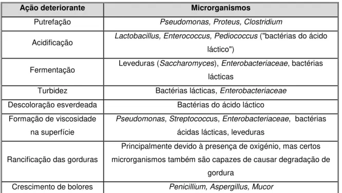 Tabela 1.6 Microrganismos deteriorantes da carne. Adaptado de Heinz &amp; Hautzinger (2007)