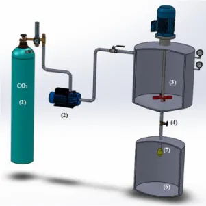 Figure 2.2. Schematic diagram of the PGSS ®  apparatus: (1) CO 2  cylinder (2) pneumatic piston  pump  (3)  stirred  vessel  (electrically  thermostated)  (4)  automated  depressurisation  valve  (6)  recovery vessel (7) nozzle
