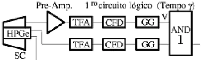Figura 2.5: Parte do esquema da eletrônica de aquisição de dados que trata a coincidência temporal  entre o detector de GeHP e o Supressor Compton