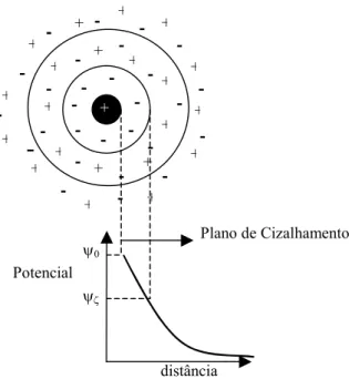 Figura 6: Esquema da partícula central carregada cercada pela dupla camada e a  evolução do potencial elétrico desde o potencial superficial,  ψ 0 , passando pelo 