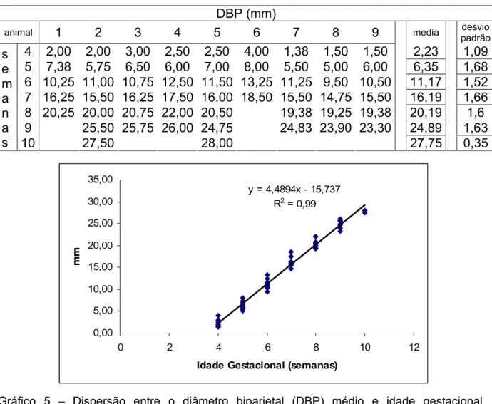 Tabela 2 – Diâmetro Biparietal (DBP) médio, por animal e por idade gestacional (em  semanas), durante o período em que foi aferido – São Paulo – 2006 