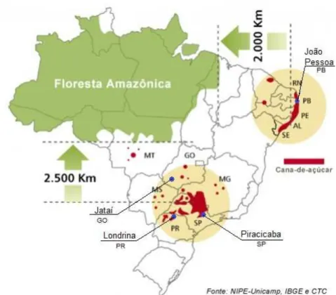 Figura 7 – Regiões brasileiras de produção de cana-de-açúcar e localidades empregadas no presente  estudo 