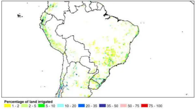 Figura 1  – Porcentagem de terras irrigadas no Brasil  Fonte: http://www.fao.org/nr/water/aquastat/quickWMS/irrimap.htm 
