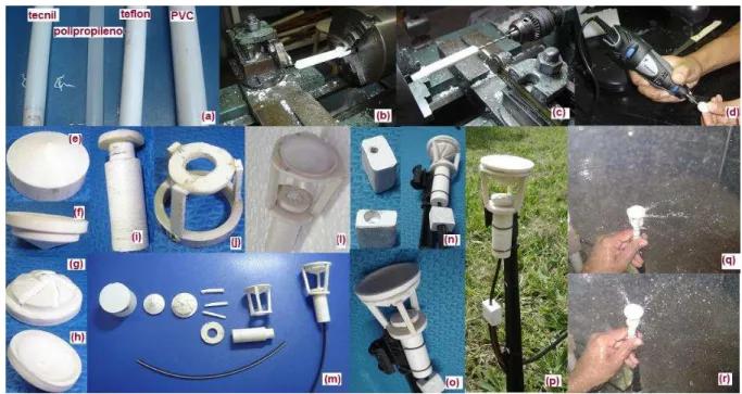 Figura  8  -  Seqüência  da  construção  do  protótipo  vibratório  através  da  usinagem:  (a)  materiais  utilizados;  (b  e  c)  usinagem do defletor e corpo do microaspersor; (d, e, f, g e h) abertura das canaletas e desbaste da parte  superior do defl