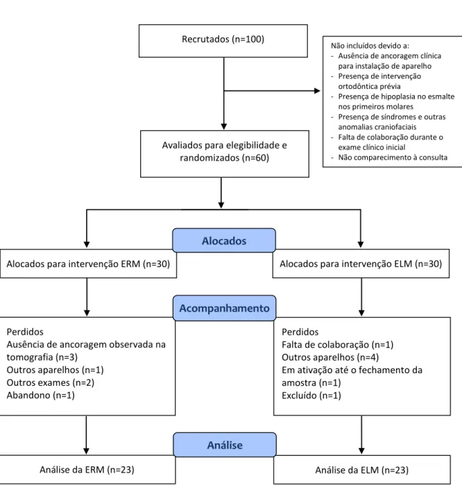 Figura 3 -  Fluxograma  indicando  o  processo  de  elegibilidade  da  amostra,  desde  o  recrutamento,  randomização dos pacientes até a obtenção do número final da amostra