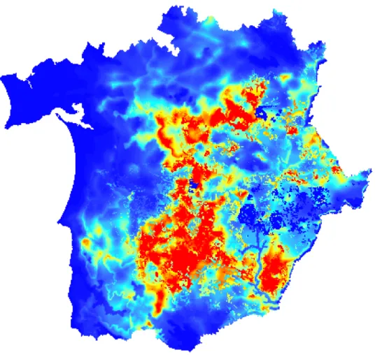 Figura 4.7 – Mapa com a probabilidade Maxent de ocorrência de mortalidade de abetarda na área de estudo  (resolução de 500m) 