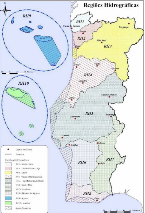 Figura 2.1:  Delimitação das regiões hidrográficas portuguesas de acordo com a DQA (Fonte: INAG, 2005)