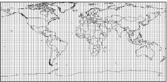 Figure 3.1 – GCM HadCM3 global grid (96x73); each point represents the centre of the grid box