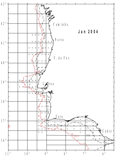 Figura 3.3 – Grelha de amostragem aplicada em Janeiro de 2004 (rede Bongo).
