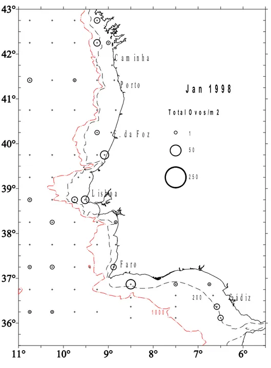 Figura 4.1 – Abundância de ovos (número total por m 2 )em Janeiro de 1998 (rede Bongo).