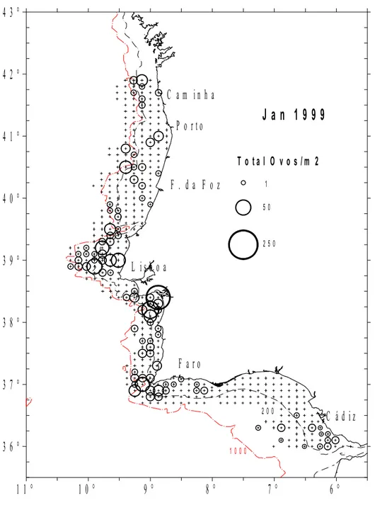 Figura 4.2 - Abundância de ovos (número total por m 2 ) em Janeiro de 1999 (rede CalVET)..