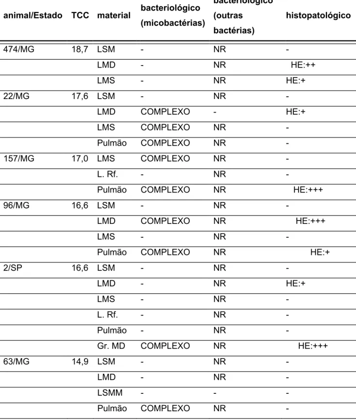 Tabela 3  – Resultados bacteriológicos e histopatológicos de caprinos segundo a  identificação, procedência, resultado do Teste Cervical Comparativo (SILVA  et al., 2006) e natureza do material processado - São Paulo – 2009 