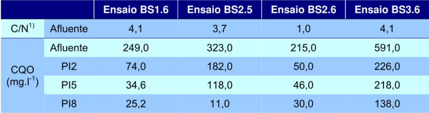 Tabela 5.1 – Variação da CQO, amónio e nitrato nas Séries com brita (Séries BS1, BS2 e BS3)  Ensaio BS1.6  Ensaio BS2.5  Ensaio BS2.6  Ensaio BS3.6 