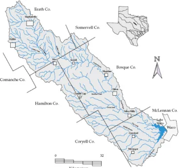 Figura 3.2 - Localização da albufeira Waco na bacia hidrográfica do rio Bosque (Fonte: FLOWERS,  HAUCH e KIESLING, 2001) 