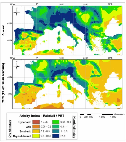 Figure 2.2 – Climatic aridity in the northern Mediterranean basin under current (1961-1990)  and  changed  climate  (2071-2100,  A2  emission  scenario),  using  the  UNEP  aridity  index  (UNEP, 1997); the current map is based on the climate data by New e