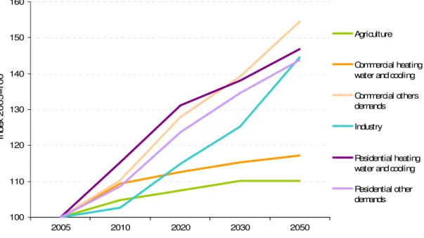Figure 2.3 - Aggregated final energy and materials demand growth evolution (2005=100) 