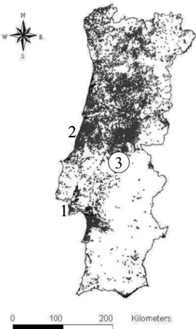 Figure 2.1: Field site locations 1) Apostiça; 2) Leiria; 3) Abrantes. The black spots are the Pine forests  in Portugal