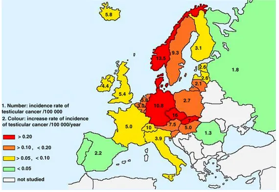 Figura 4.2 – Incidência do cancro dos testículos no continente Europeu (Huyghe et al., 2007) 