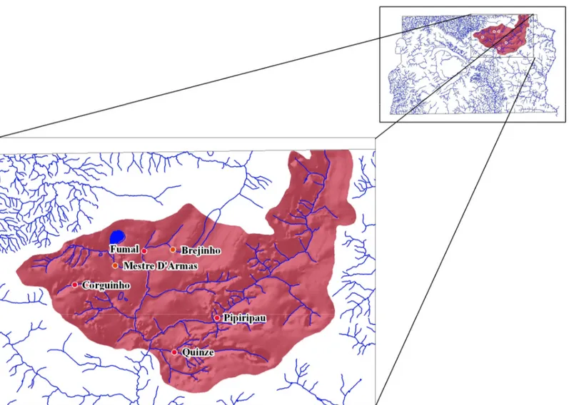 Figura 1 – Mapa de localização da microbacia do ribeirão Mestre D’Armas, com individualização das sub-microbacias das  captações.