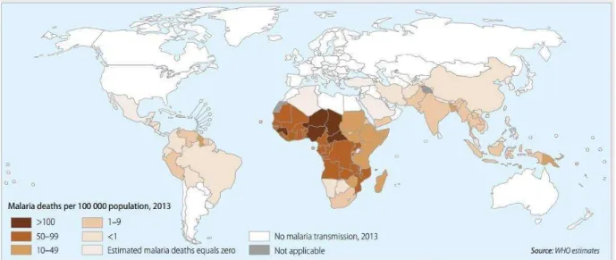 Figura 1. Número de mortes (por 100.000) causadas por malária. As áreas em marrom escuro representam maior  número de casos e concentram no continente africano
