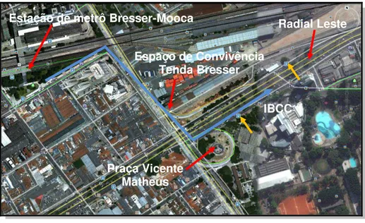 Figura 10: Rota da estação de metrô Bresser-Mooca e o IBCC, passando pelo Espaço de 