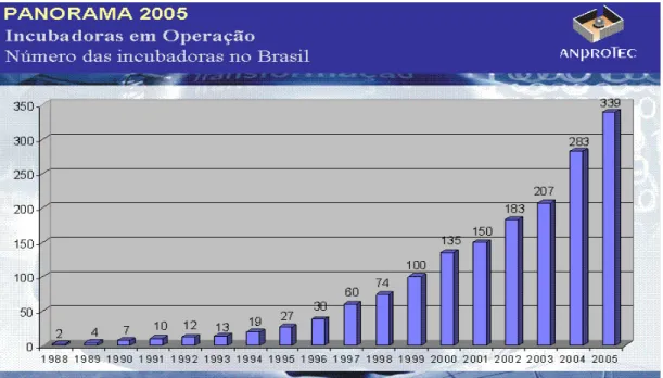 Figura 5: Evolução no número de incubadoras em operação (2005)                                                Fonte: ANPROTEC (2005)