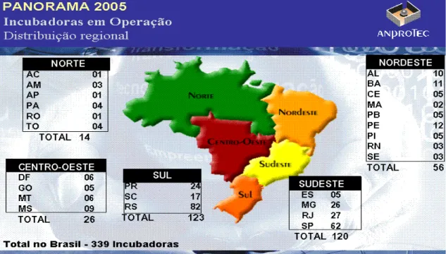 Figura 6: Distribuição do número de incubadoras em operação por região (2005)                                Fonte: Panorama ANPROTEC (2005)