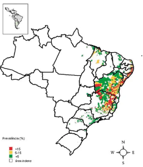 Figura 6 - Distribuição da esquistossomose no Brasil. (Fonte: Gerência do Programa  Nacional  de  Controle  da  Esquistossomose/Secretaria  de  Vigilância  em  Saúde/MS