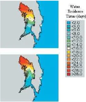 Figure 19 - Water residence times in Strangford Lough, near the surface (up) and near the bottom (down)  (Ferreira et al., 2007)