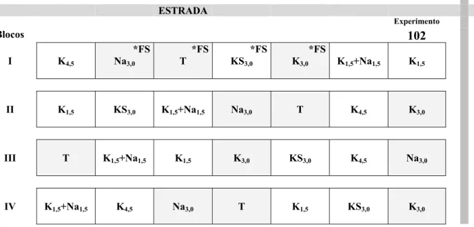 Figura 6 – Localização e casualização dos tratamentos na área experimental. As unidades amostrais utilizadas para  amostragens anuais aparecem em destaque pela cor cinza