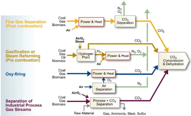 Figure 2.6 - Carbon dioxide capture processes in the four capture systems (IPIECA and API, 2007)