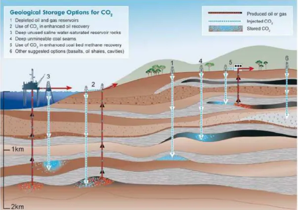 Figure 2.7 - Options for storing CO 2  in deep underground geological formations (IPCC, 2005)